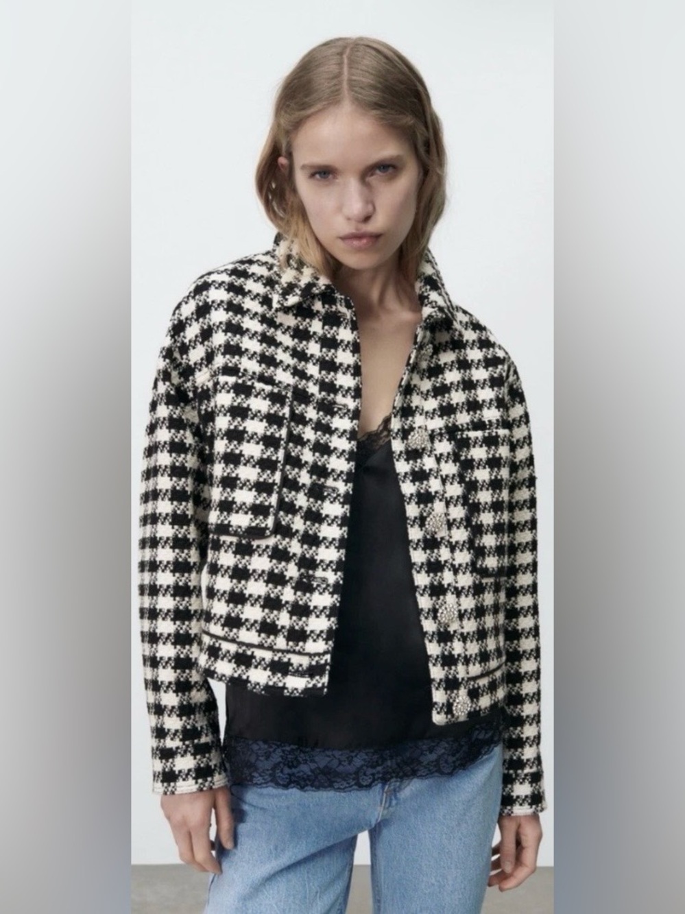 ZARA Houndstooth White/Blue Cropped Jewel Button Jacket\Blazer - Picture 2 of 9